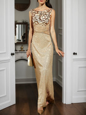 Champagne Golden A-Line Gown Sequin Dress