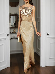 Champagne Golden A-Line Gown Sequin Dress