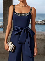 Purplish Blue Bow Hotfix Embellished Sleeveless Jumpsuit