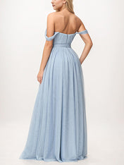 Dusty Blue A Line Tulle Off The Shoulder Sleeveless Floor-Length Bridesmaid Dresses