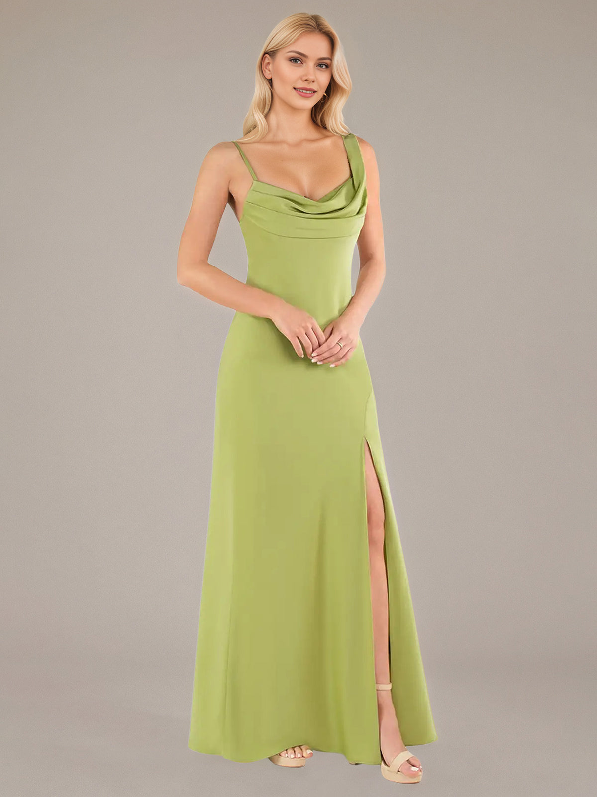 Green Sheath/Column Satin Asymmetrical Sleeveless Floor Length Dresses