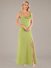 Green Sheath/Column Satin Asymmetrical Sleeveless Floor Length Dresses