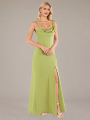Green Sheath/Column Satin Asymmetrical Sleeveless Floor Length Dresses