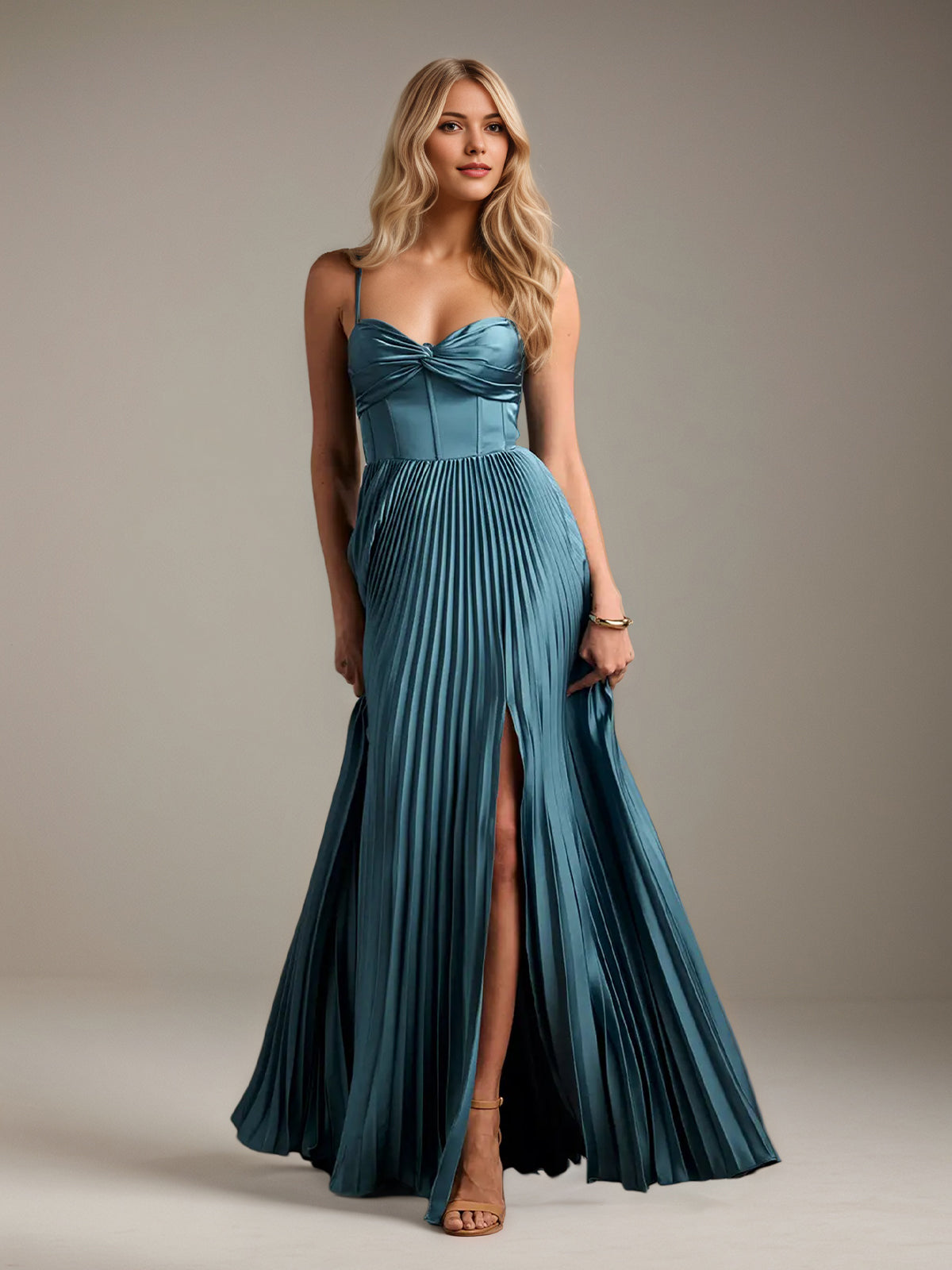 French Blue A-Line Spaghetti Straps Straps Floor-Length Satin Bridesmaid Dress