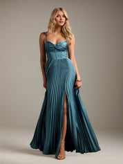 French Blue A-Line Spaghetti Straps Straps Floor-Length Satin Bridesmaid Dress