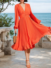 Orange Pleated V Neck Balloon Sleeve A-Line Midi Chiffon Dress