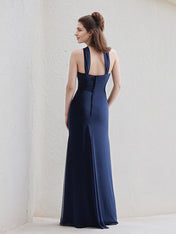 Navy Stretch Crepe A Line Twist Knot Neckline Sleeveless Floor Length Bridesmaid Dress