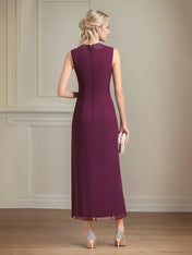 Sheath/Column Chiffon V Neck 3/4 Sleeves Tea Length Mother Of The Bride Dress