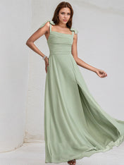 Celadon Chiffon A Line Off the Shoulder Sleeveless Floor Length Bridesmaid Dress