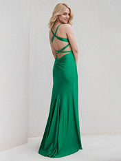 Green Satin Spaghetti Straps Sleeveless Floor Length Bridesmaid Dress With Appliques