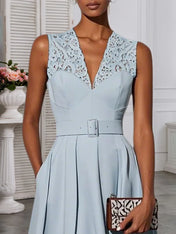 Light Blue Lace V Neck Sleeveless A-Line Midi Dress