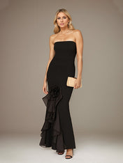 Black Stretch Crepe Off the Shoulder Sleeveless Ankle Length Dress With 3D Flower