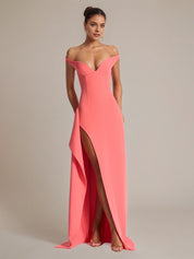 Coral Pink Sheath/Column Stretch Crepe Off The Shoulder Floor Length Dress