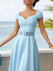 Light Blue Lace Classic V Neck Short Sleeve A-Line Midi Dress
