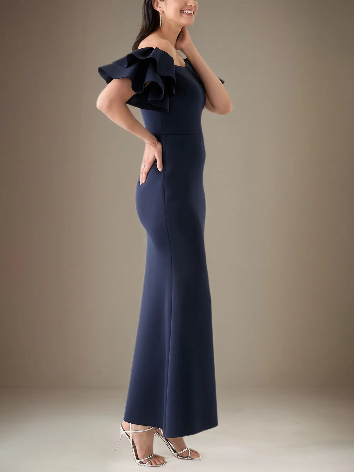 Trumpet/Mermaid Stretch Crepe Off The Shoulder Short Sleeves Ankle Length Dress
