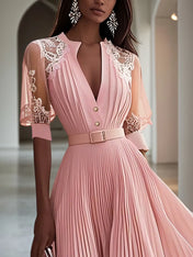 Pink Pleated Lace V Neck A-Line Midi Chiffon Dress