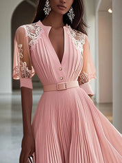 Pink Pleated Lace V Neck A-Line Midi Chiffon Dress