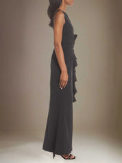 Sheath/Column Stretch Crepe Scoop Neck Sleeveless Floor Length Dress With Ruffles