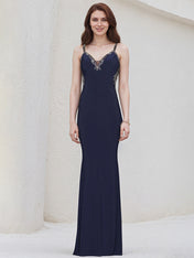 Navy Chiffon Spaghetti Straps Sleeveless Floor Length Bridesmaid Dress With Beadings