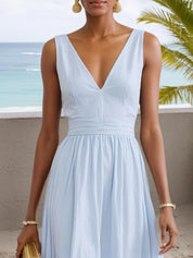 Light Blue Floral V Neck Sleeveless A-Line Maxi Dress