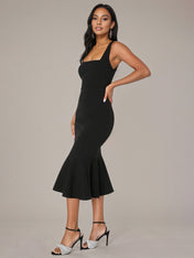 Black Sheath/Column Stretch Crepe Square Neck Sleeveless Tea Length Dresses