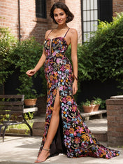Black Floral Mermaid V-Neck Corset Long Prom Dress With Sequins Slit