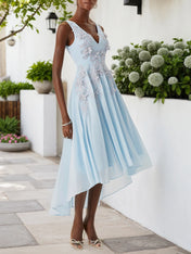 Light Blue Lace Asymmetric Chiffon V Neck Sleeveless A-Line Maxi Dress