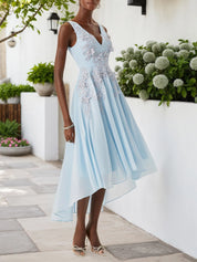 Light Blue Lace Asymmetric Chiffon V Neck Sleeveless A-Line Maxi Dress