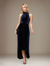 Dark Royal Blue Velvet Halter Neck Sleeveless Asymmetrical Length Dress