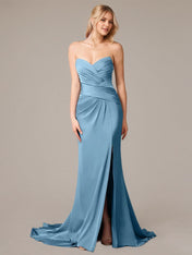 Steel Blue Sheath/Column Satin Spaghetti Straps Sleeveless Floor Length Dresses