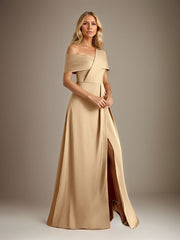 Champagne A Line Satin Asymmetrical neckline Cold Shoulder Sleeve Floor Length Dress