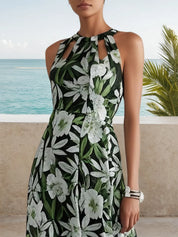 Green Cut Out Floral A-Line Maxi Chiffon Dress