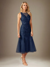 Sheath/Column Lace Scoop Neck Sleeveless Tea Length Dress