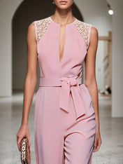 Women Pink Lace V Neck Sleeveless Dressy Jumpsuit
