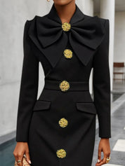 Black Bow Collar Long Sleeve Blazer Sheath Midi Dress
