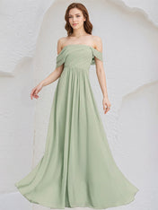 Celadon Chiffon A Line Off the Shoulder Sleeveless Floor Length Pleated Bridesmaid Dress