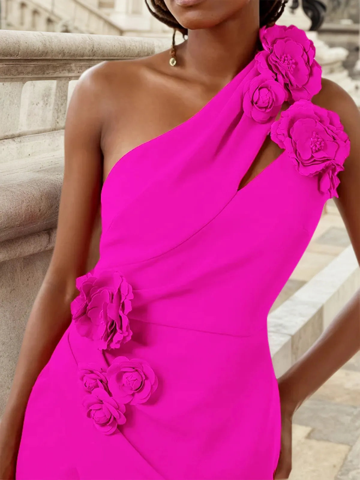 Rose Red 3D Floral One-Shoulder Sheath Midi Dress