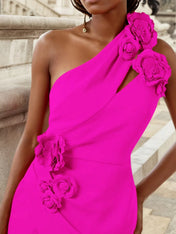 Rose Red 3D Floral One-Shoulder Sheath Midi Dress