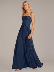 Navy A Line Chiffon Spaghetti Straps Sleeveless Floor Length Dresses