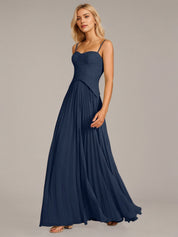 Navy A Line Chiffon Spaghetti Straps Sleeveless Floor Length Dresses