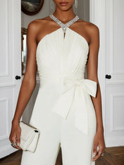 Women White Pleated Rhinestone Halter Sleeveless Dressy Jumpsuit