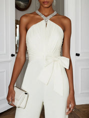 Women White Pleated Rhinestone Halter Sleeveless Dressy Jumpsuit