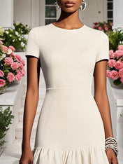 White Knit Crew Neck Short Sleeve Mermaid Midi Dress
