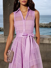 Lavender Purple Shirt Dress Shirt Collar Sleeveless A-Line Midi Dress