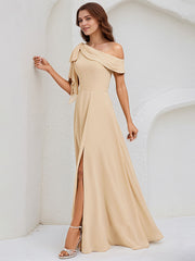 Champagne Chiffon A Line One Shoulder Sleeveless Floor Length Bridesmaid Dress