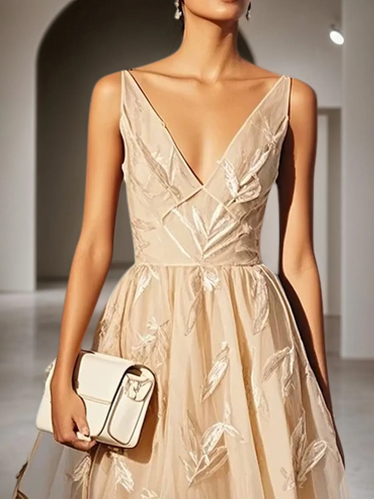 Beige 3D Floral Classic V Neck Sleeveless A-Line Midi Dress