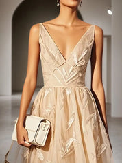 Beige 3D Floral Classic V Neck Sleeveless A-Line Midi Dress