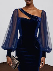 Purplish Blue Mesh Balloon Sleeve Sheath Midi Velvet Dress