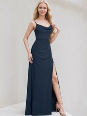 Dark Navy Chiffon A Line Spaghetti Straps Sleeveless Floor Length Bridesmaid Dress