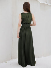 Dark Green A Line Tulle V Neck Sleeveless Floor Length Dress